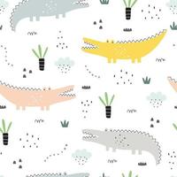 Seamless pattern cartoon background com crocodilo desenhado à mão no estilo infantil usado para impressão, papel de parede, tecido, ilustração vetorial de têxteis vetor