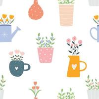 padrão sem emenda um vaso com um vaso de flores em um design desenhado de mão de fundo branco em estilo cartoon, use para impressão, papel de parede, decoração de casa. ilustração vetorial vetor