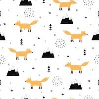 Seamless vector pattern cartoon fox com uma montanha no fundo branco mão desenhada design em estilo infantil adequado para design têxtil, papel de parede