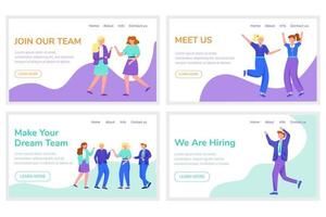 Conjunto de modelos de vetor de página de destino de recrutamento de funcionários. junte-se à nossa ideia de interface de site de equipe com ilustrações planas. layout da página inicial de headhunting. banner da web de trabalho de escritório, conceito de desenho de página da web