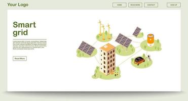 modelo de vetor de página da Web de estação de carga elétrica com ilustração isométrica. rede inteligente. solar, fornecimento de energia eólica. produção de energia renovável. design da interface do site. página da web, conceito 3D de aplicativo móvel