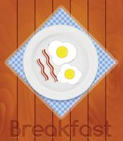 Prato branco com ovos fritos em guardanapo de cozinha em tábuas de madeira ilustração vetorial de fundo vetor