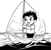 Garoto em uma barco a vela dentro a mar. desenho animado ilustração. vetor