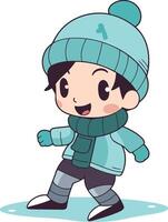 fofa desenho animado Garoto dentro inverno roupas jogando gelo patinação. vetor