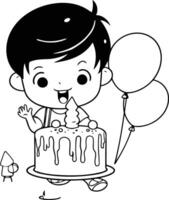 fofa Garoto com aniversário bolo e balões ilustração gráfico Projeto. vetor
