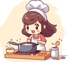 ilustração do uma pequeno menina cozinhando dentro a cozinha. desenho animado estilo vetor