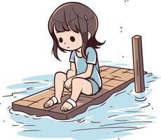 pequeno menina sentado em a Beira do a água. vetor