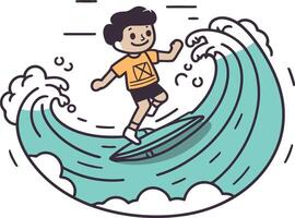 ilustração do uma Garoto equitação uma onda em uma prancha de surfe. vetor