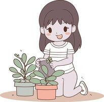 ilustração do uma fofa menina posando com uma plantar dentro uma Panela vetor