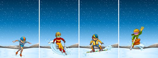 Quatro cenas com pessoas esquiando e praticando snowboard