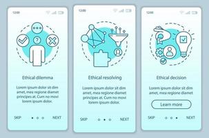 modelo de vetor de tela de página de aplicativo móvel de resolução ética onboarding. dilema ético, decisão moral. passo a passo do site com ilustrações lineares. conceito de interface de smartphone ux, ui, gui