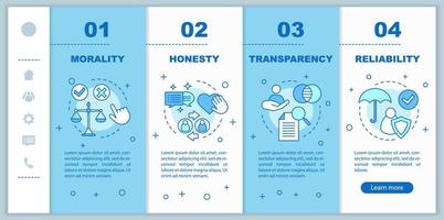 modelo de vetor de integração de páginas da web móvel ética nos negócios. política corporativa. ideia de interface de site de smartphone responsivo com ilustrações lineares. telas de passo a passo da página da web. conceito de cor