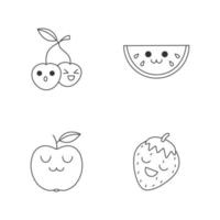 frutas fofos personagens lineares kawaii. bagas felizes. rir de cereja e morango. sorrindo melancia e maçã. conjunto de ícones de linha fina. ilustração isolada do esboço do vetor. curso editável vetor