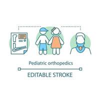 ícone do conceito de ortopedia pediátrica. crianças fraturam e torcem. fisioterapia e reabilitação. ilustração de linha fina de ideia de centro de saúde de creche. desenho de contorno isolado do vetor. curso editável vetor