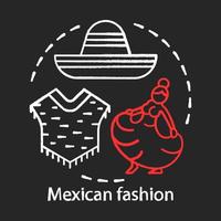 ícone do conceito de giz da moda mexicana. roupas tradicionais da América do Sul. poncho, sombrero, mulher em ideia de vestido longo. ilustração vetorial isolada no quadro-negro vetor