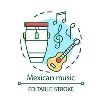 ícone do conceito de música mexicana. festa de som acústico latino. instrumentos de banda mariachi. tambor, guitarra, ilustração de linha fina de ideia de símbolos musicais. desenho de contorno isolado do vetor. curso editável vetor