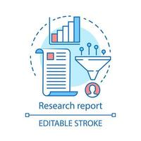ícone do conceito de relatório de pesquisa. conversões de vendas funil ideia ilustração linha fina. métricas de marketing digital, estatísticas. resultado da informação da pesquisa. desenho de contorno isolado do vetor. curso editável vetor