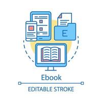 ícone do conceito de e-book. ilustração de linha fina de ideia de aprendizagem on-line. livro eletronico. conteúdo de consideração. Educação a Distância. e-learning. desenho de contorno isolado do vetor. curso editável vetor