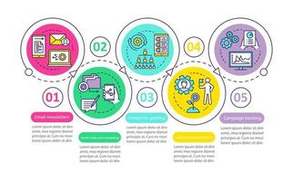 modelo de infográfico de vetor de automação de marketing. elementos de design de apresentação de negócios. visualização de dados com cinco etapas e opções. gráfico de linha do tempo do processo. layout de fluxo de trabalho com ícones lineares