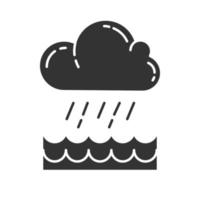 ícone de glifo de chuva torrencial. nuvem, chuvas fortes, água entrando. tempestade. torrencial, derramando chuva sobre a água. fenômeno meteorológico. símbolo da silhueta. espaço negativo. ilustração isolada do vetor