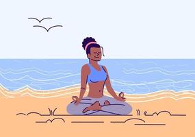 menina meditando em ilustração em vetor plana posição de lótus. prática de ioga na praia do mar. harmonia do corpo e da mente. jovem afro-americana sentada em padmasana exercitando personagem de desenho animado