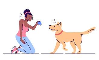 jovem se divertindo com a ilustração vetorial plana de cachorro. lazer ativo. garota afro-americana sorridente e fiel personagem de desenho animado brincalhão com elementos de contorno em fundo branco vetor