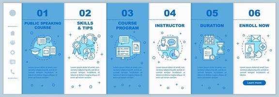 modelo de vetor de curso de oratória de integração de páginas da web para celular. treinamento oratório. ideia de interface de site de smartphone responsiva com ilustrações. telas de passo a passo da página da web. conceito de cor