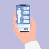 aplicativos médicos de smartphone com mãos dadas com dados do corpo humano, análise de dados com estilo simples vetor