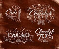 chocolate etiquetas coleção dentro vintage estilo letras chocolate amor, Pimenta, cacau, 70 desenhando em Castanho aguarela fundo vetor