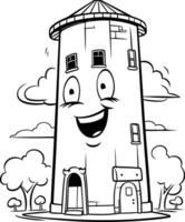 Preto e branco desenho animado ilustração do uma água torre personagem mascote vetor