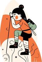 alpinista menina com mochila dentro plano estilo. vetor