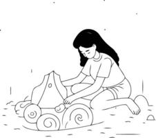 ilustração do uma menina sentado em a areia e jogando com uma brinquedo carro vetor