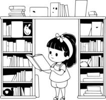 fofa pequeno menina lendo uma livro dentro a biblioteca vetor