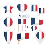 vários França bandeiras conjunto em pólo, mesa bandeira, marca, Estrela crachá e diferente formas Distintivos. patriótico franconiano adesivo vetor