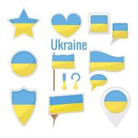 vários Ucrânia bandeiras conjunto em pólo, mesa bandeira, marca, Estrela crachá e diferente formas Distintivos. patriótico ucraniano adesivo vetor