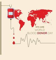 mundo sangue doador dia, Junho 14, com sangue transferir bolsa, vermelho mundo mapa, batimento cardiaco. vetor