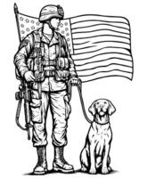 a americano soldado em pé com uma cachorro coloração página vetor