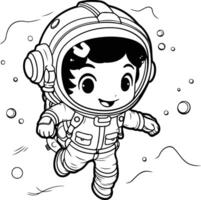 Preto e branco desenho animado ilustração do fofa astronauta Garoto personagem para coloração livro vetor