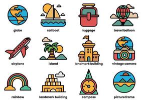 esses ícones incluir uma avião, uma barco, uma mala, uma Câmera, uma relógio vetor