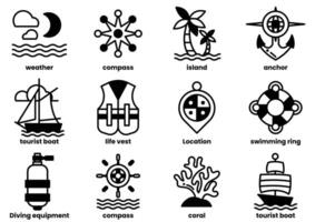 uma variedade do relacionado à água ícones, Incluindo uma vida colete, uma bússola, uma barco vetor