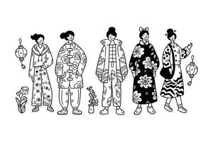 ilustração do personagens dentro chinês ou japonês estilo roupas. mão desenhado dentro linha estilo vetor