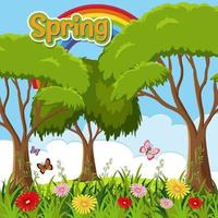 temporada de primavera com árvores e fundo de campo de flores vetor