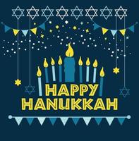 feriado judaico hanukkah cartão símbolos tradicionais de chanukah - velas de menorá, ilustração estrela de David no azul. vetor