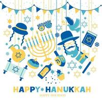 feriado judaico hanukkah cartão e convite símbolos chanukah tradicionais - pião, donuts, velas de menorá, frasco de óleo, ilustração estrela de David. vetor