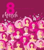 dia internacional da mulher. ilustração vetorial com rostos de mulheres e 8. vetor