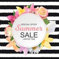 banner de venda de verão com flores de lírio, rosa, camomila e calla. ilustração vetorial de fundo natural fofo vetor