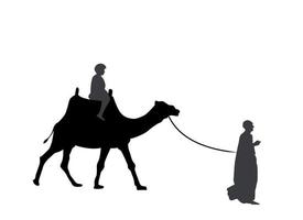 silhueta em preto e branco de um camelo com um beduíno. ilustração vetorial.