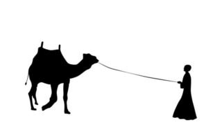 silhueta em preto e branco de um camelo com um beduíno. ilustração vetorial. vetor