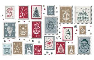 advento calendário, Natal selos, correspondência, cartão postal mão desenhado ilustrações. vetor