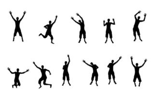 silhuetas em preto e branco de pessoas pulando felizes e alegres. ilustração vetorial vetor